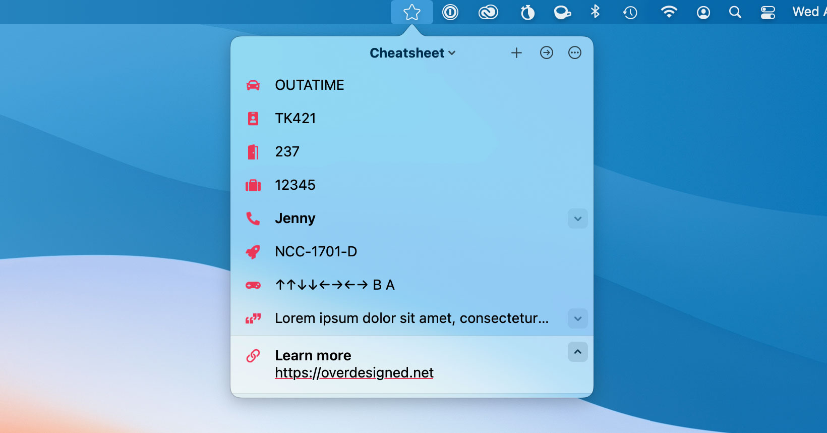 Screenshot of Cheatsheet’s status menu