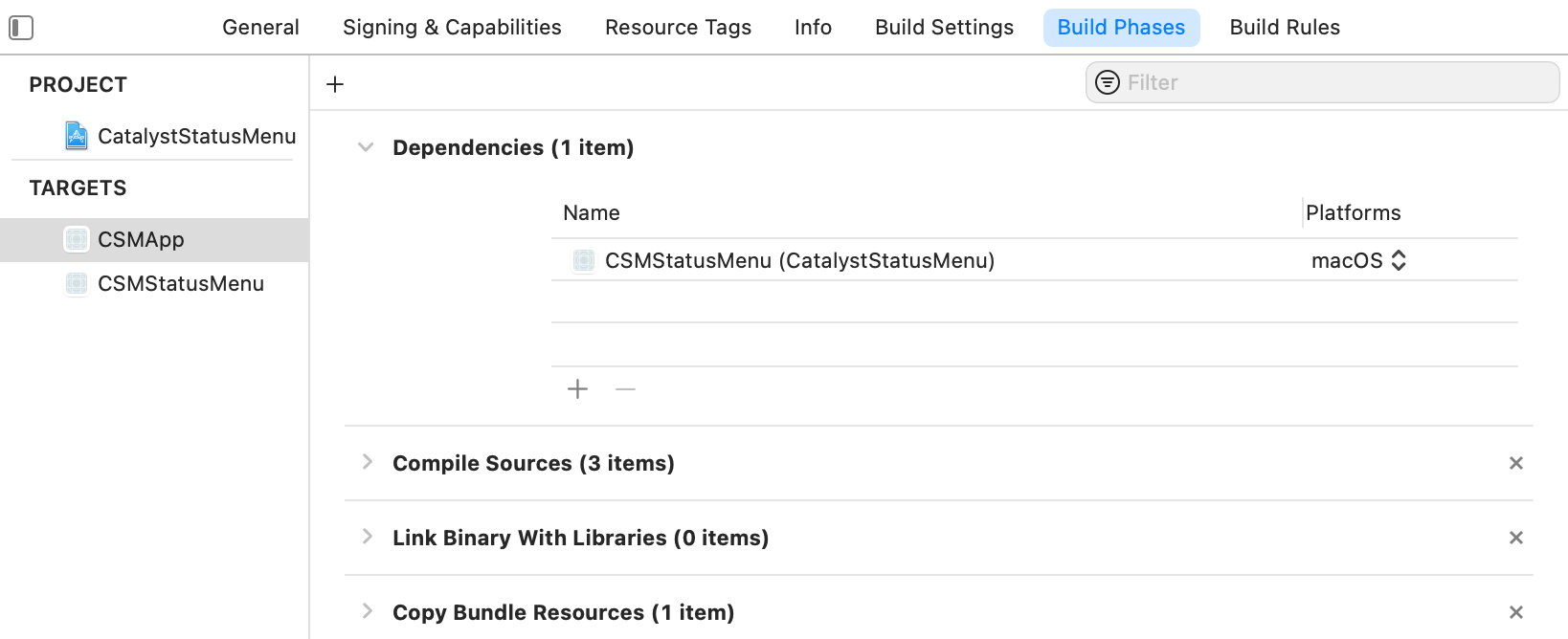 Screenshot of our main target’s Build Phases > Dependencies in Xcode