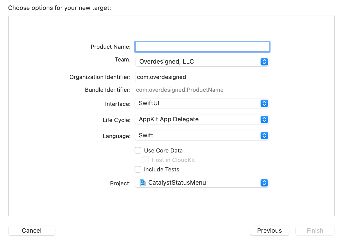 Screenshot of a Xcode’s Choose options for your new target window
